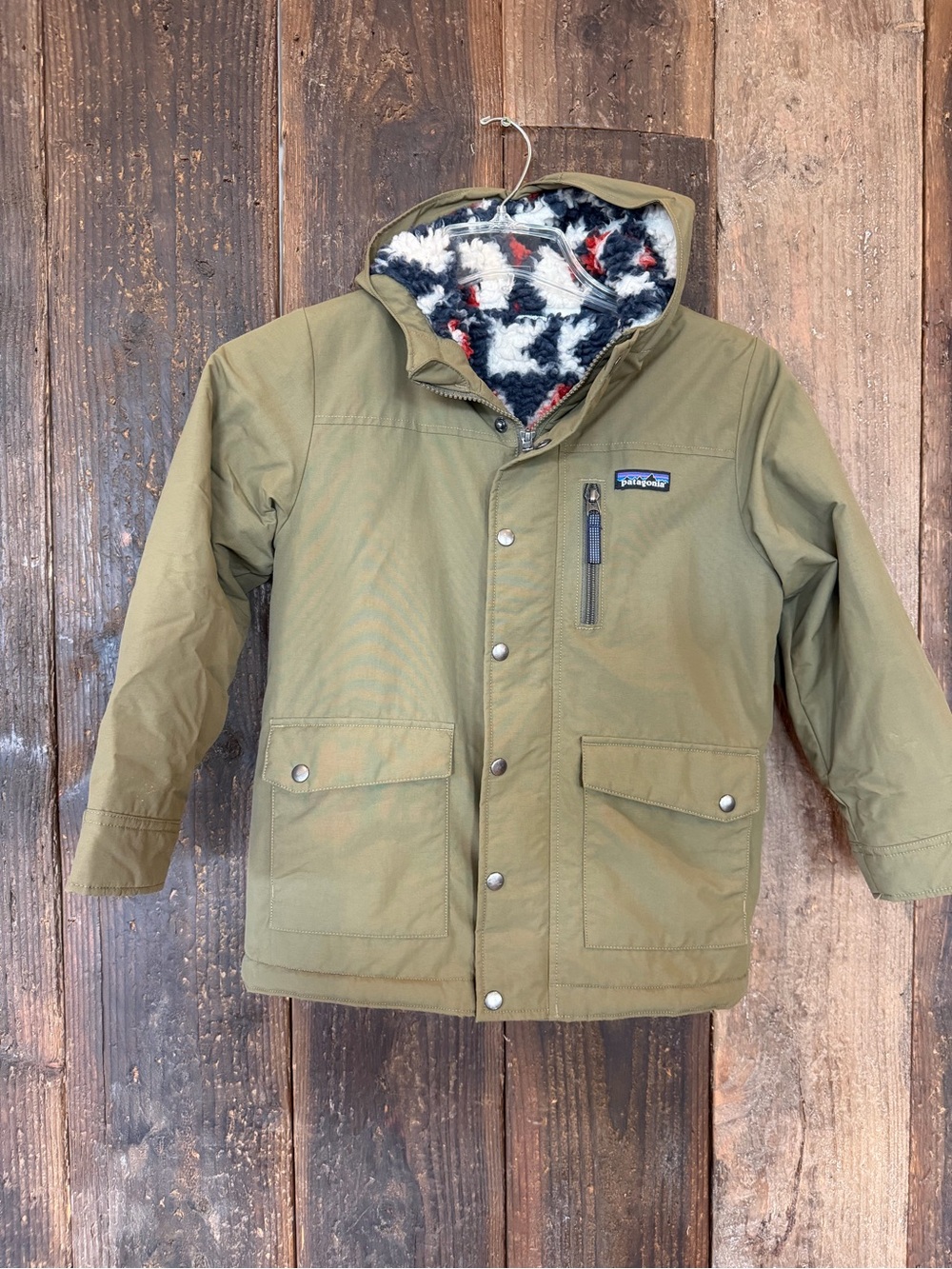 Patagonia Kids Olive Hooded Puffer with Patterned Sherpa Lining